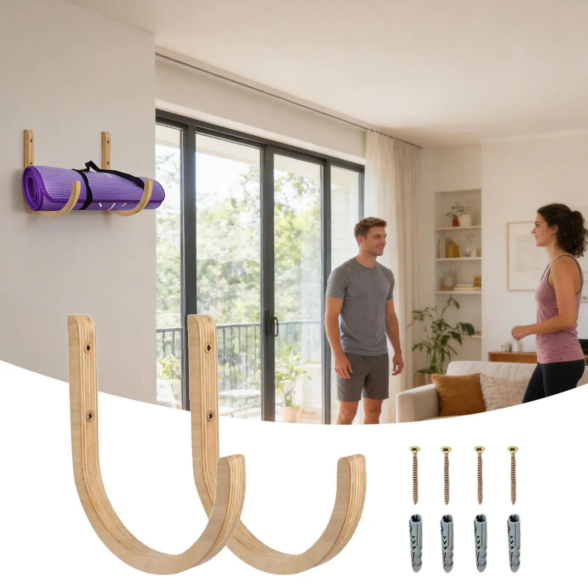 Wooden Yoga Mat Wall Mount Holders 2-Pack | U-Shape Rack Yoga Mat Storage Rack QXL