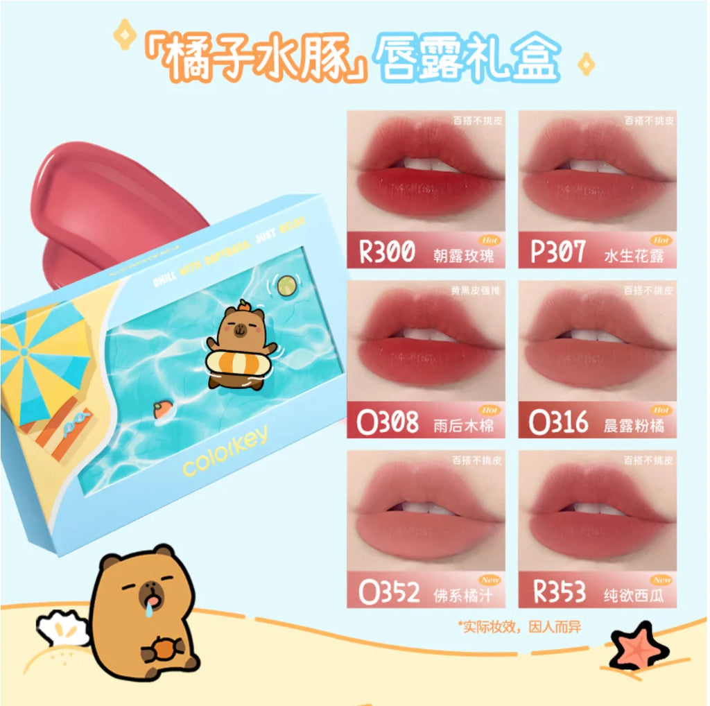 Colorkey 6-Pc Mini Velvet Matte Liquid Lipstick Gift Set Liquid Lipstick Set QXL capybara Set 1gX6Pcs Per Box