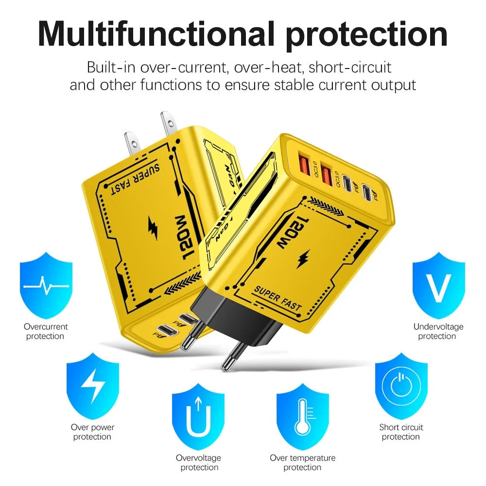 120W 4-Port USB-C Fast Charger | QC3.0 Wall Adapter USB-C Wall Charger QXL