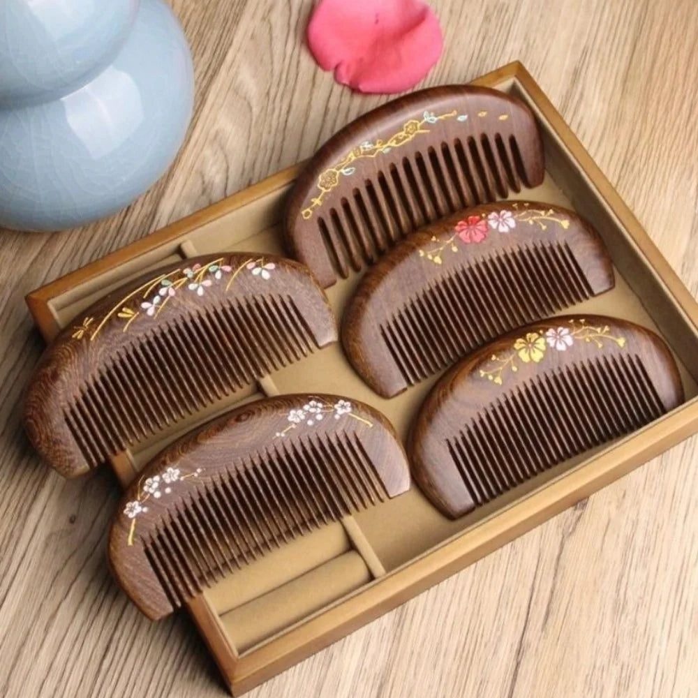 Sandalwood Hair Comb | Plum Blossom Gold Engraved Gift Wooden Hair Comb QXL