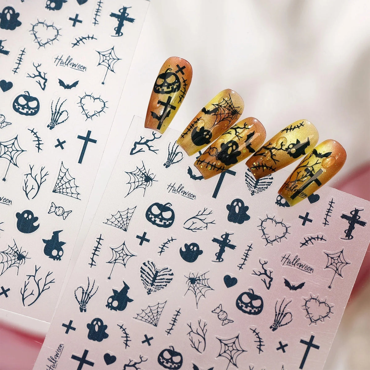 Halloween Gothic 5D Nail Stickers – Skull Pumpkin Spider Web Nail Art Stickers QXL