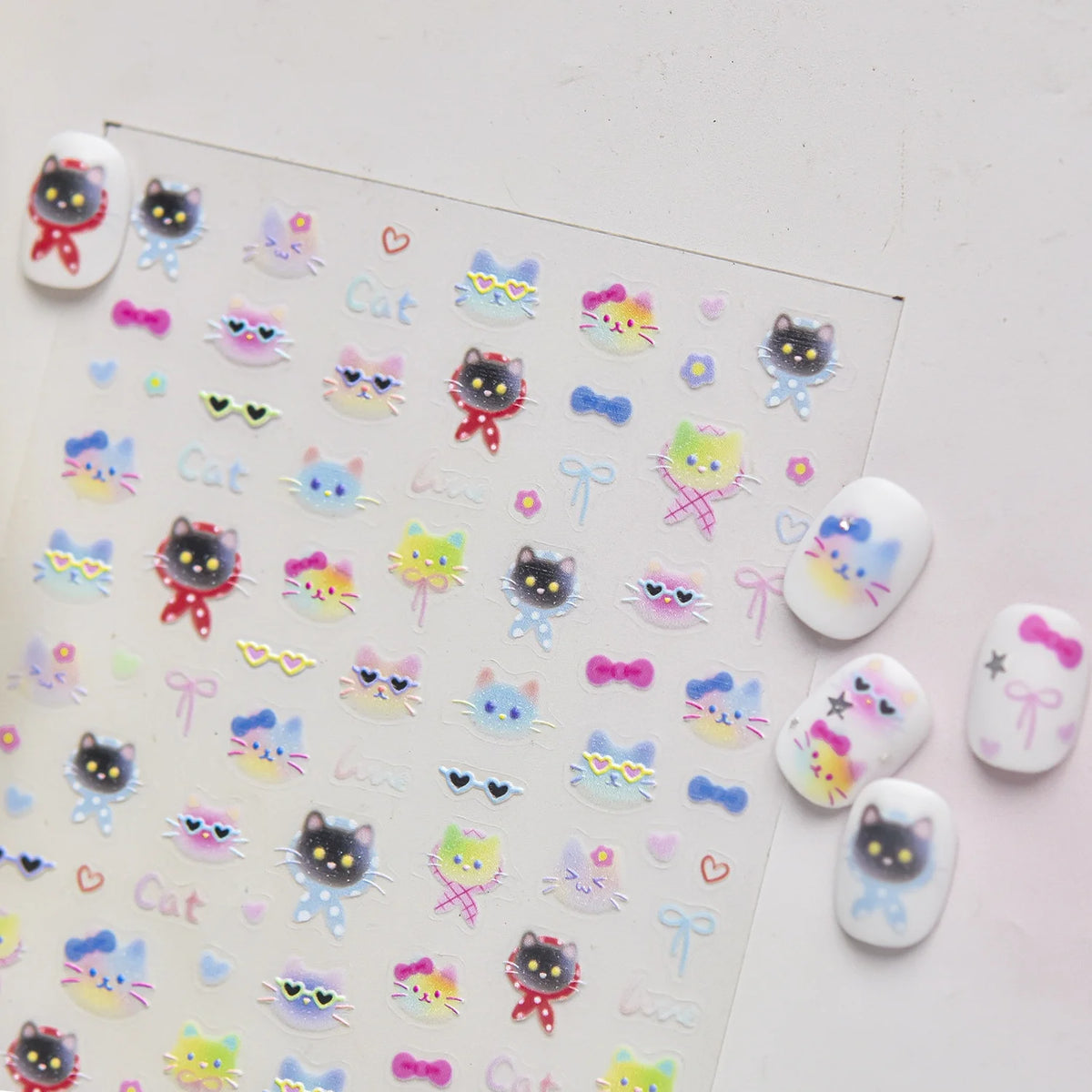 5D Gradient Nail Stickers – Cute Cat Bow Heart Self-Adhesive Decals Nail Art Stickers QXL