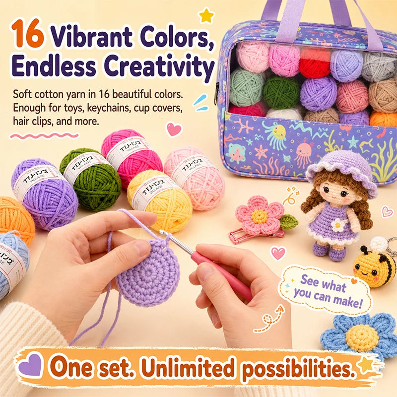 70-Piece Beginner Crochet Starter Kit – Hooks, Yarn & Bag Crochet Starter Kit QXL