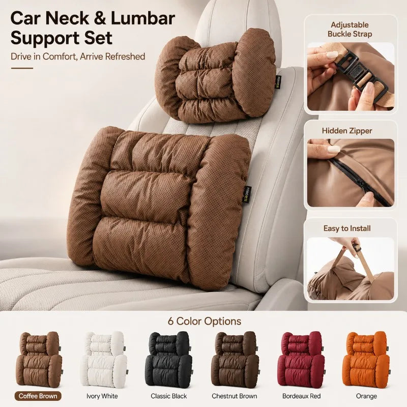 Car Neck & Lumbar Pillow Set | Breathable Faux Leather Cushions Car Seat Pillow Set QXL