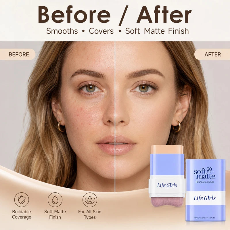 2-in-1 SPF30 Foundation Stick & Brush | Matte Full Coverage Foundation Stick QXL