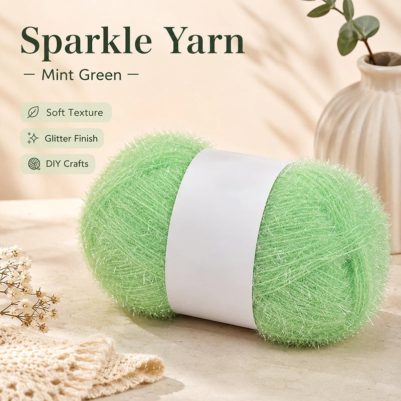 Colorful Sparkling Glitter Knitting Yarn | Soft Polyester Thread Decorative Craft Yarn QXL 07 Grass - 50g