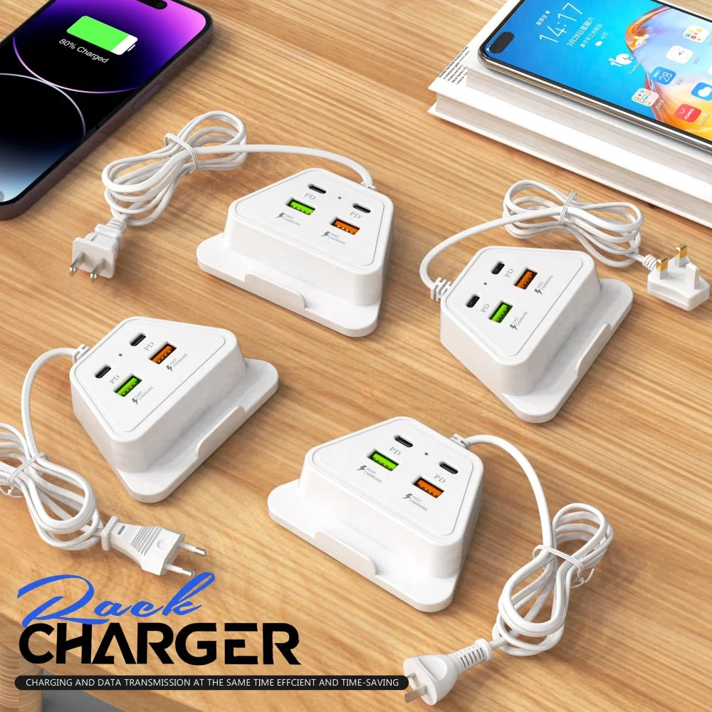 4-Port USB-C Fast Charger Power Strip with Phone Stand USB-C Charging Station QXL