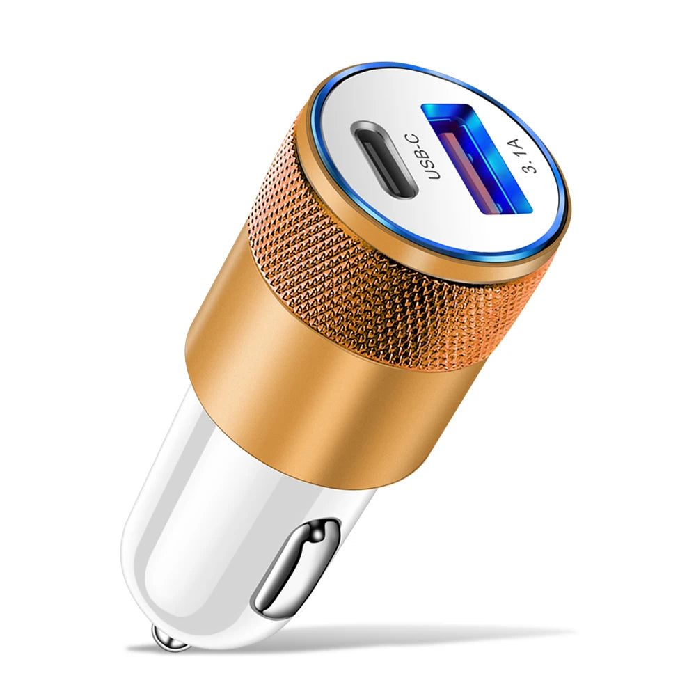 Mini 70W Dual Port Car Charger USB-C PD & QC 3.0 Fast Charge Car Charger QXL Gold
