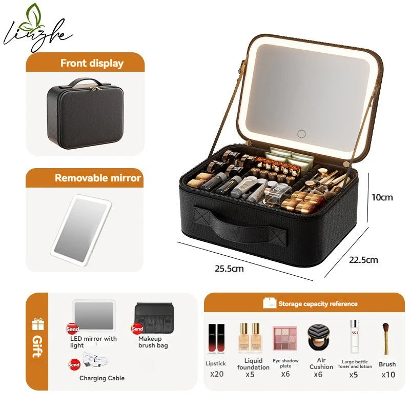 LED Illuminated Makeup Case with Mirror | Large Cosmetic Box Illuminated Makeup Case QXL