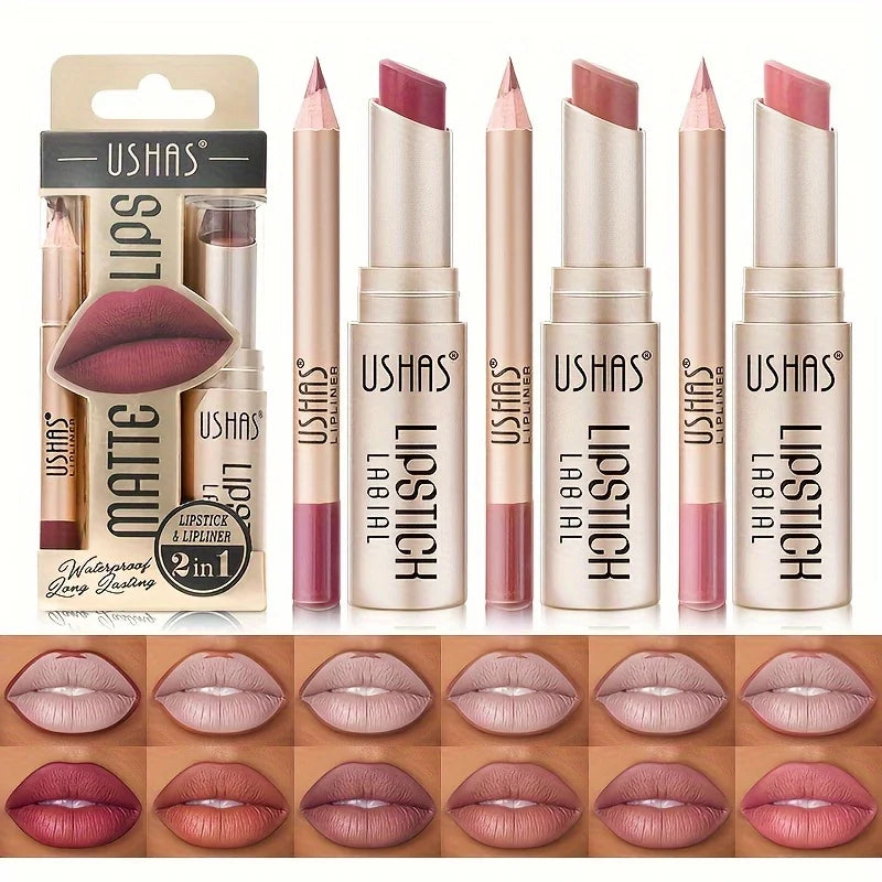USHAS 12-Color Matte Lipstick & Lip Liner Set – Waterproof Matte Lipstick Set QXL