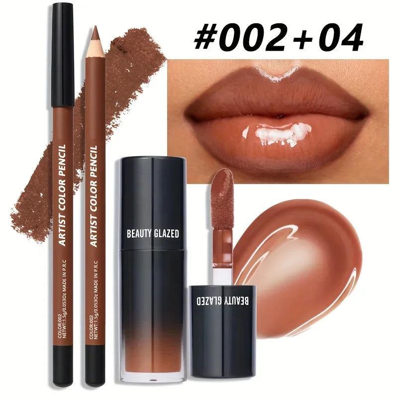 2-Pc Matte Lip Liner & Lip Oil Combo | Waterproof Brown Tinted Lip Liner & Lip Oil Set QXL