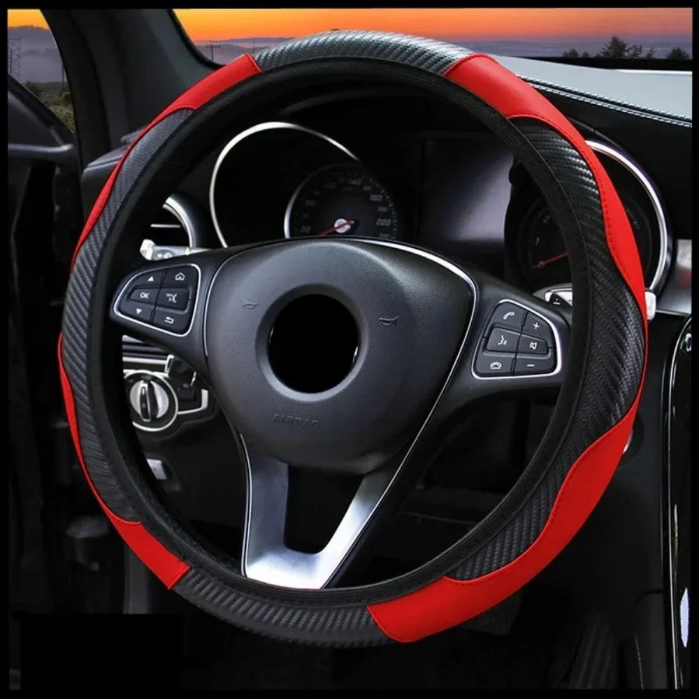 PU Carbon Fiber Steering Wheel Cover | 14.5–15 Inch Steering Wheel Cover QXL