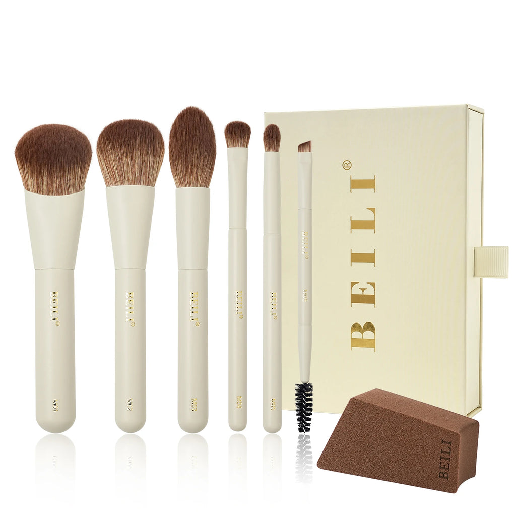 BEILI 10-Pc Mini Travel Makeup Brush Set | Synthetic Bristles Travel Makeup Brush Set QXL Beige