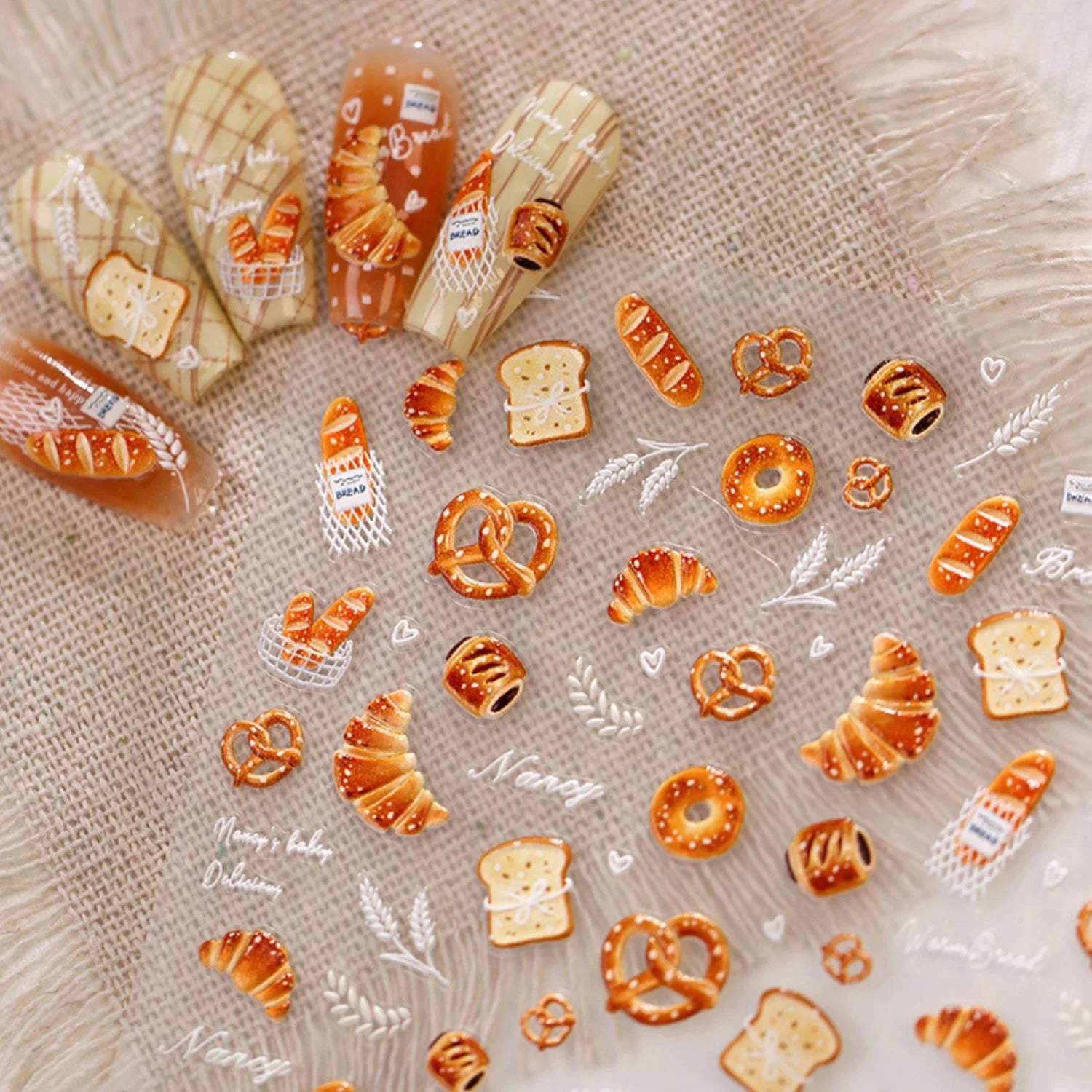 5D Embossed Bakery Nail Stickers | Croissant Food Decals Nail Art Stickers QXL