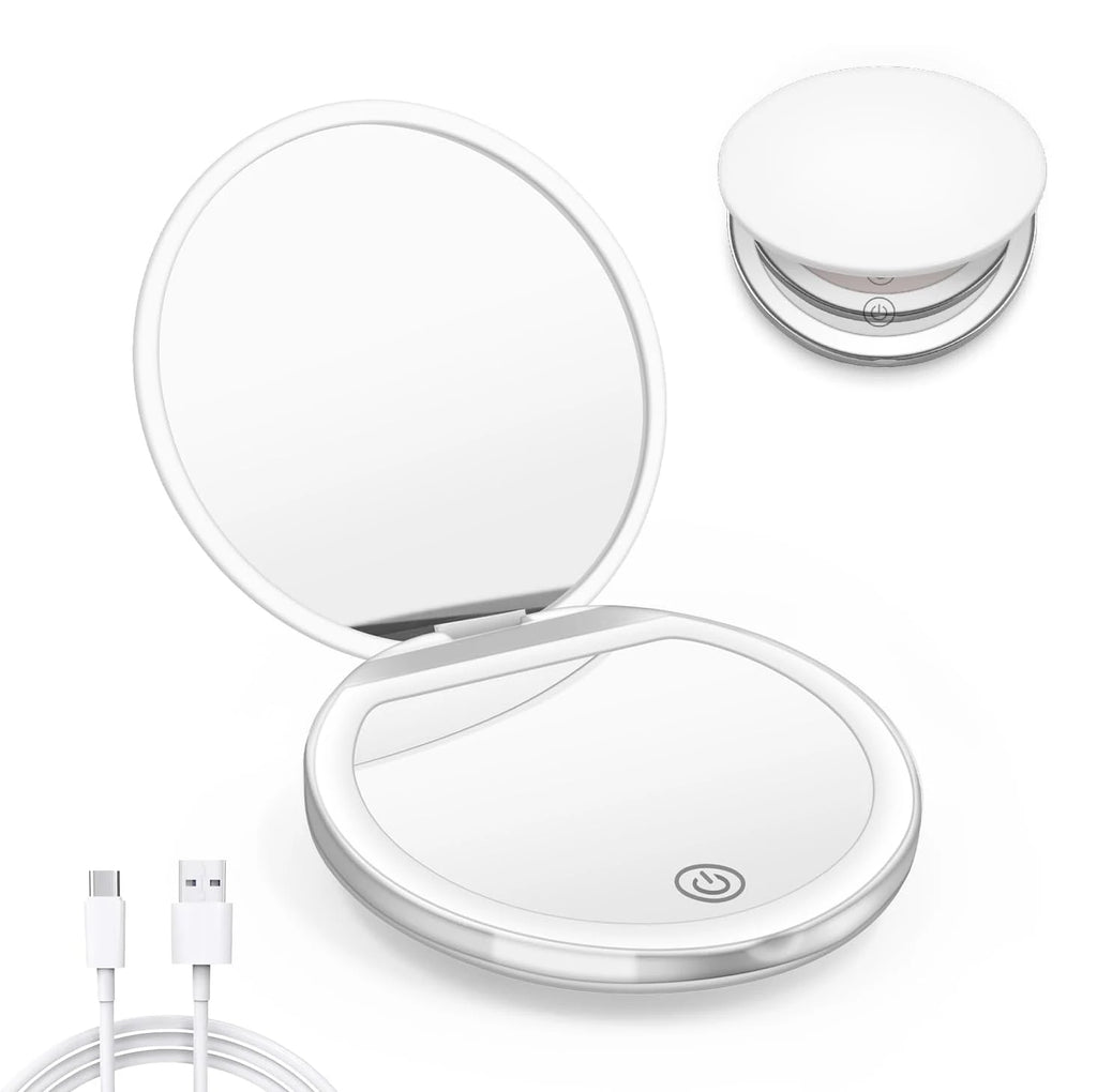 LED Compact Makeup Mirror 1X/3X Magnification | Rechargeable Lighted Makeup Mirror QXL White-3X