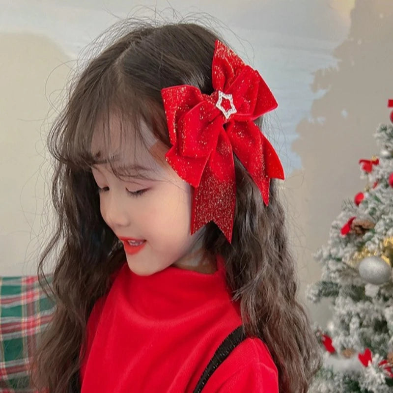 Red Gold Bow Hair Clip | Christmas Holiday Hair Accessory Bow Hair Clip QXL