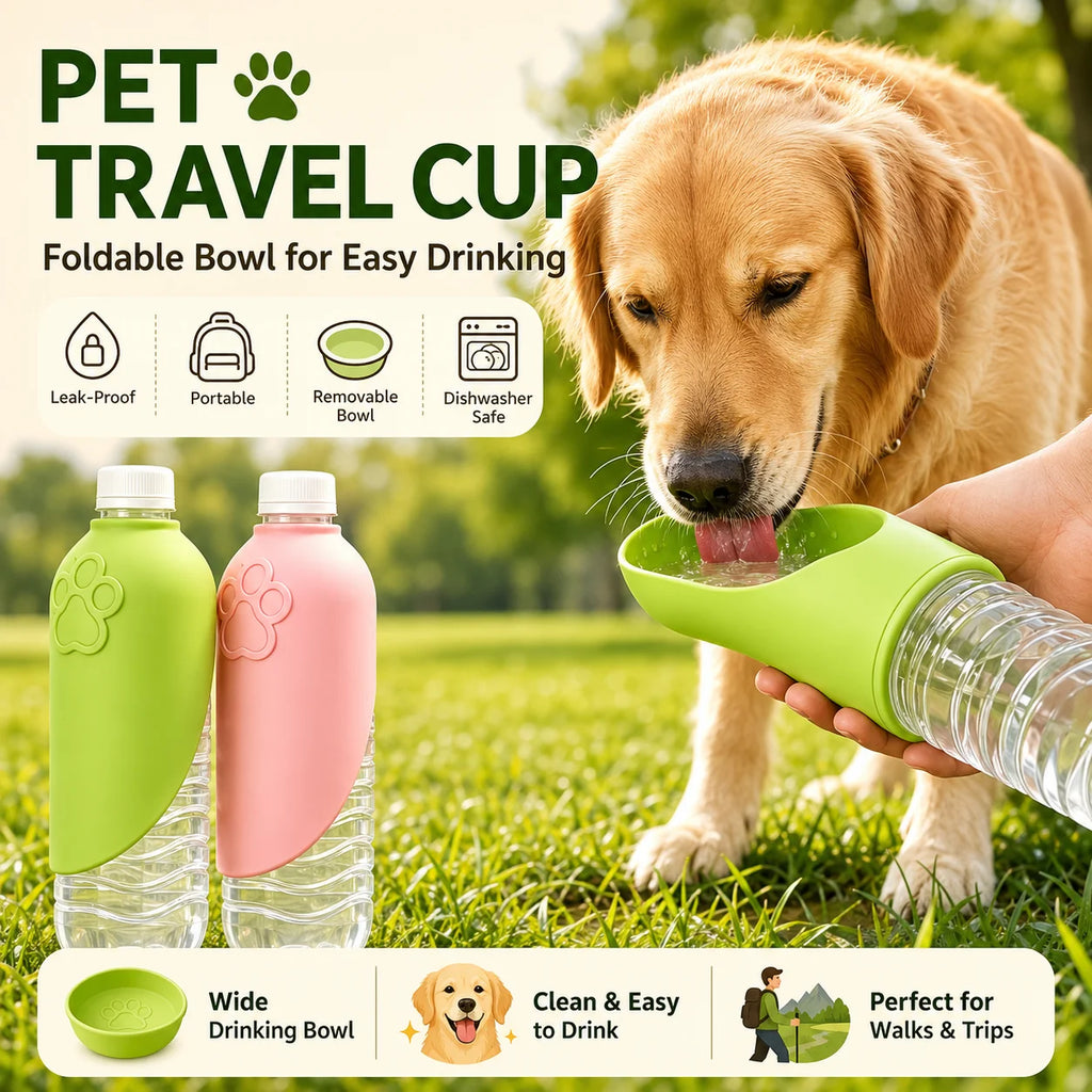 Portable Pet Travel Water Bottle with Foldable Bowl | Dog & Cat Pet Travel Water Bottle QXL
