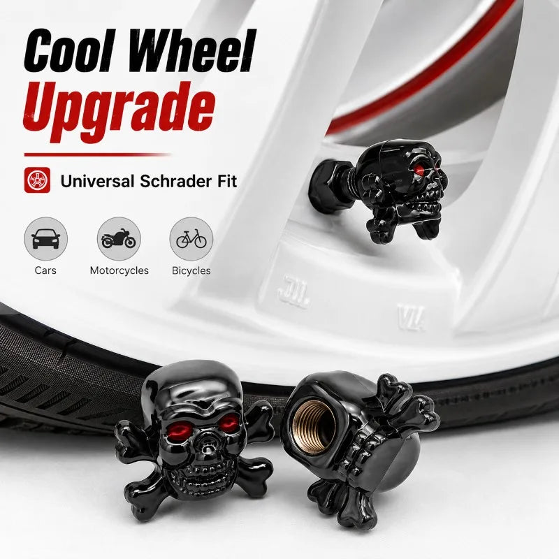 4-Pack Skull Tire Valve Caps | Metal Schrader 8V1 Thread Tire Valve Caps QXL