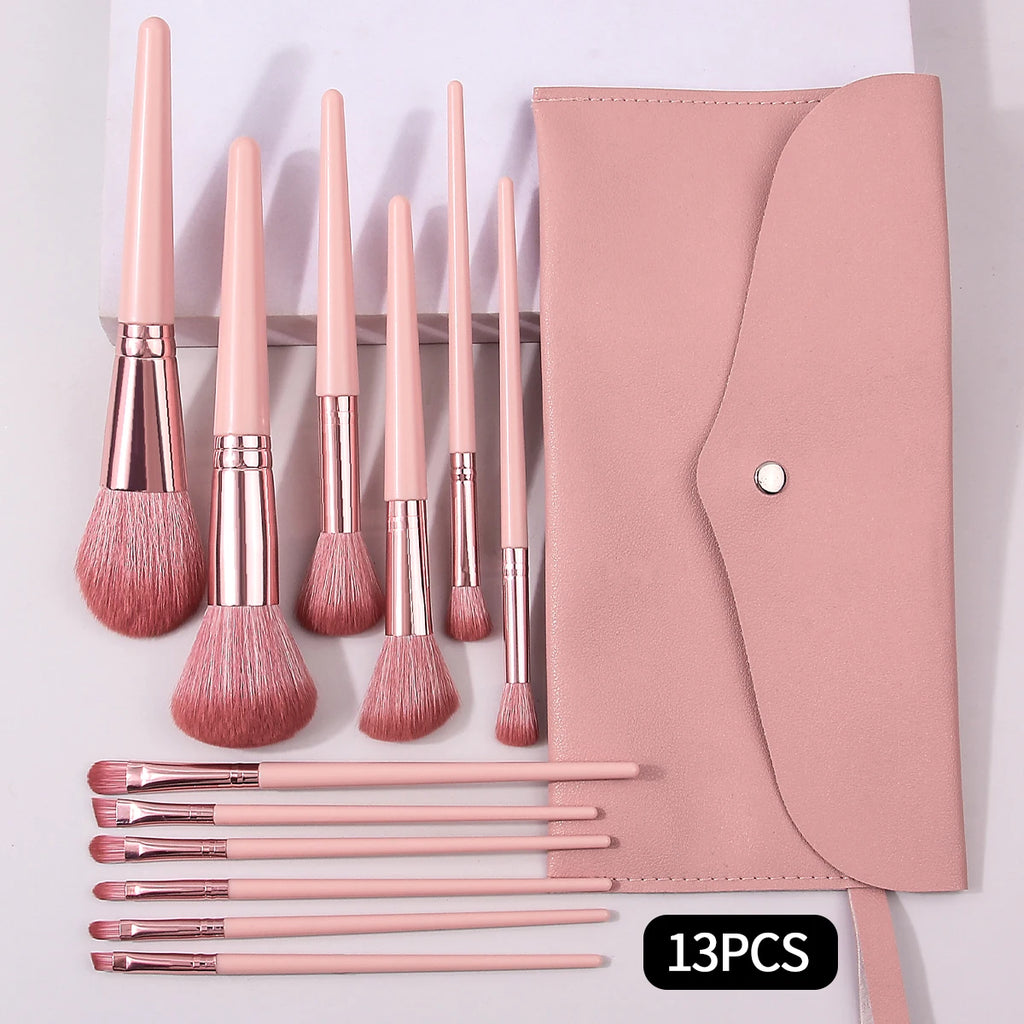 13-Piece Makeup Brush Set with Portable Envelope Bag – Pink Makeup Brush Set QXL
