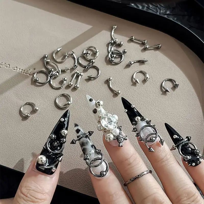 3D Metal Punk Circle Nail Charms | 30/60-Pack Black & White Nail Art Charms QXL