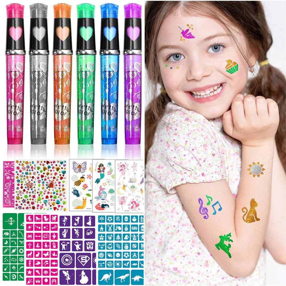 Temporary Glitter Tattoo Kit – Face & Body Art with Stencils Temporary Glitter Tattoo Kit QXL