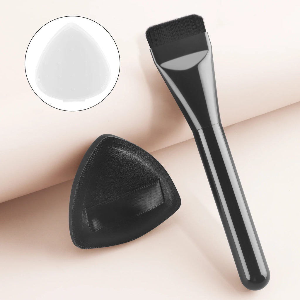 Flat Foundation Brush & Triangle Powder Puff Set | 2 Pc Makeup Brush Set QXL