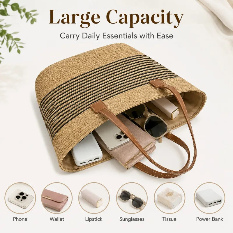 Large Woven Straw Tote Bag | Beach Shoulder Bag Zip Top Woven Straw Tote QXL
