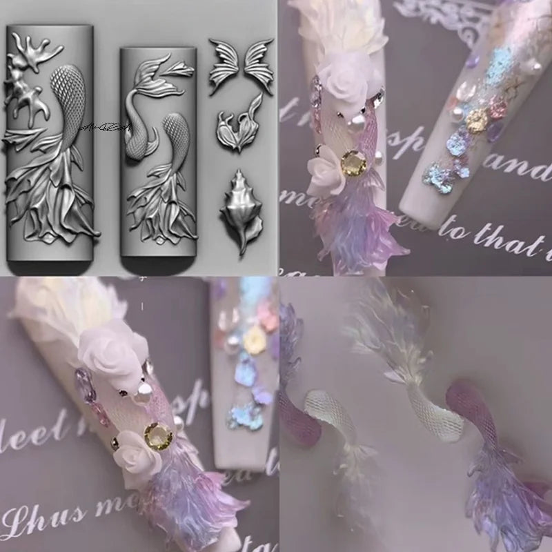 3D Silicone Ocean Nail Art Mold – Jellyfish & Fishtail 2-Pc Set Silicone Nail Mold QXL