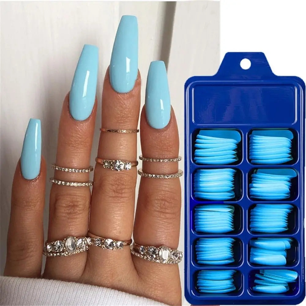 100-Pack Coffin False Nail Tips | Long Ballerina Full Cover False Nail Tips QXL blue