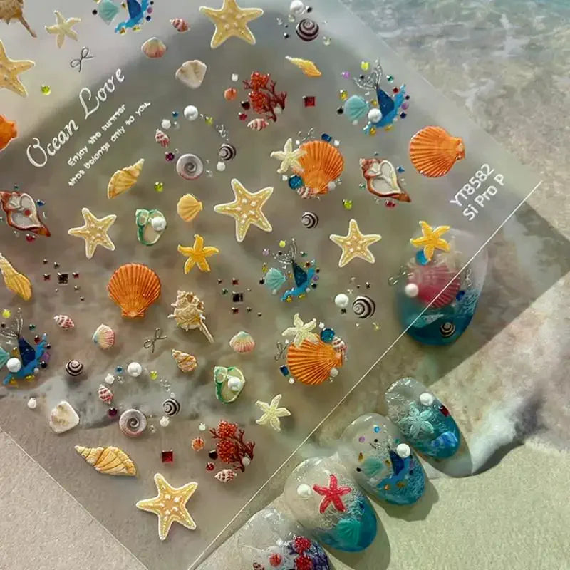 3D Relief Starfish & Shell Nail Stickers | Summer Nail Decals Nail Art Stickers QXL