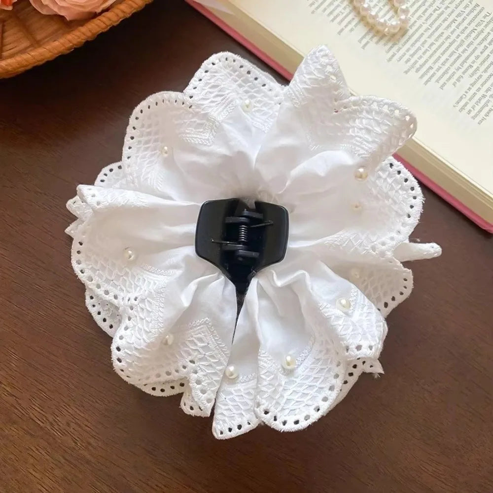White Flower Lace Ponytail Shark Clip | Women's Hair Accessory Hair Shark Clip QXL 1pc