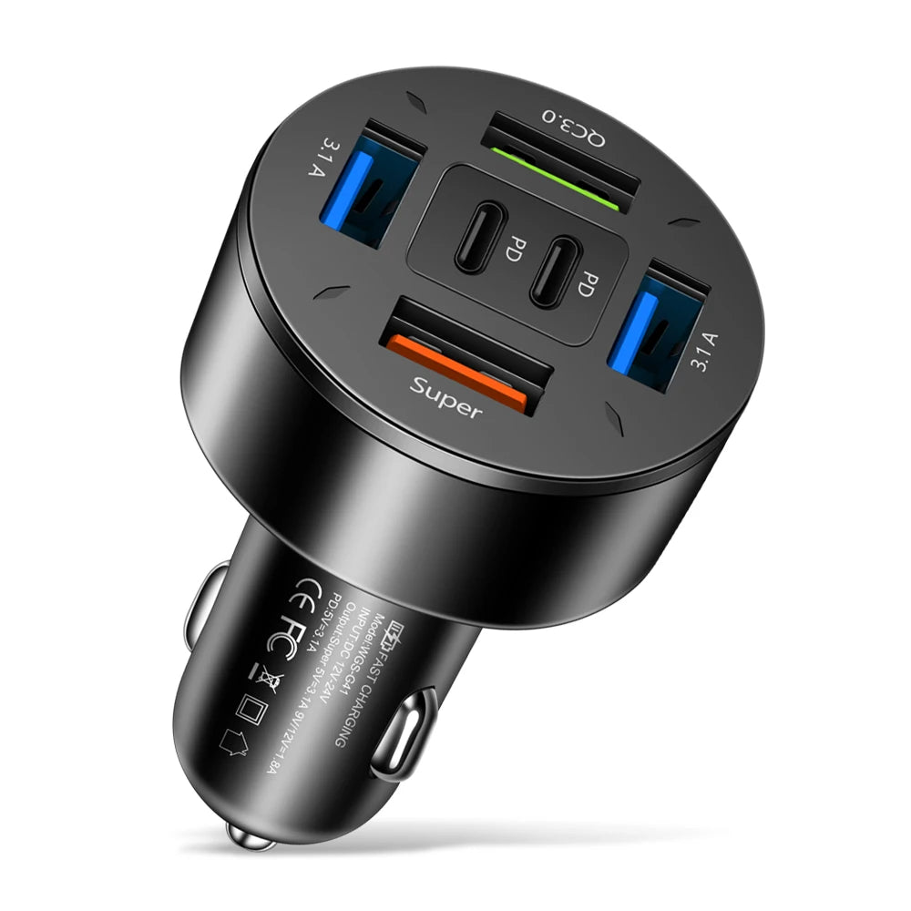 100W 6-Port USB-C Car Charger PD & QC3.0 Fast Charging USB Car Charger QXL 6 Ports No LED
