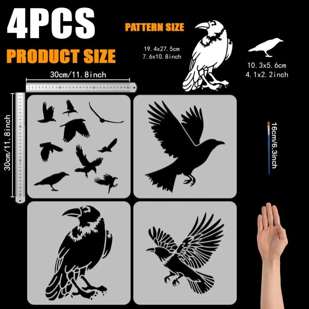 4-Pack Flying Crow Raven Stencils 11.8" | Reusable PET + Brush Painting Stencil Set QXL