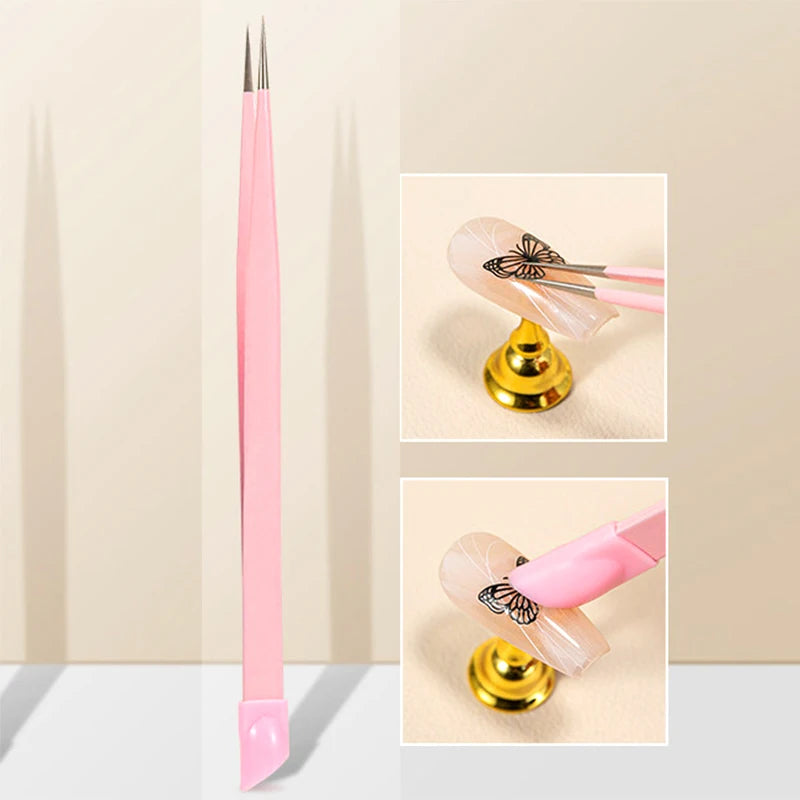 Nail Art Tweezer Set | Silicone Press Stick & Diamond Picker Nail Art Tool Set QXL Pink