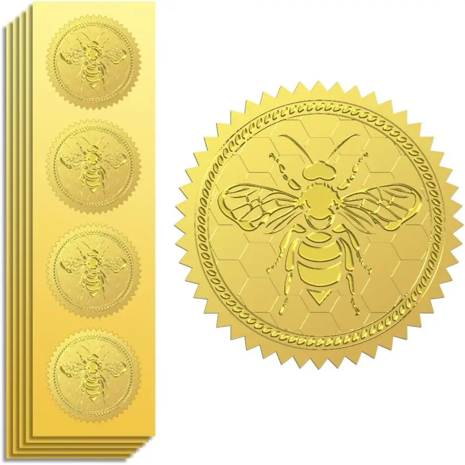 Gold Foil Bee Honeycomb Embossed Seal Stickers 2" 100 Pack Decorative Seal Stickers QXL AECH04-13157