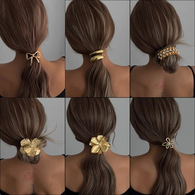 Gold Flower Pearl Hair Elastic | Ponytail Ring Accessory Hair Elastic Ring QXL