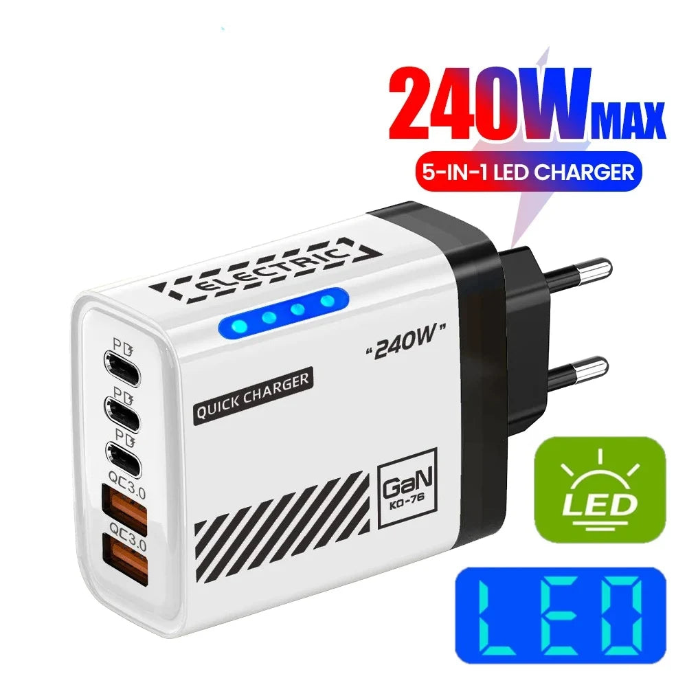 5-Port 240W GaN USB-C PD Fast Charger | Quick Charge 3.0 GaN Wall Charger QXL