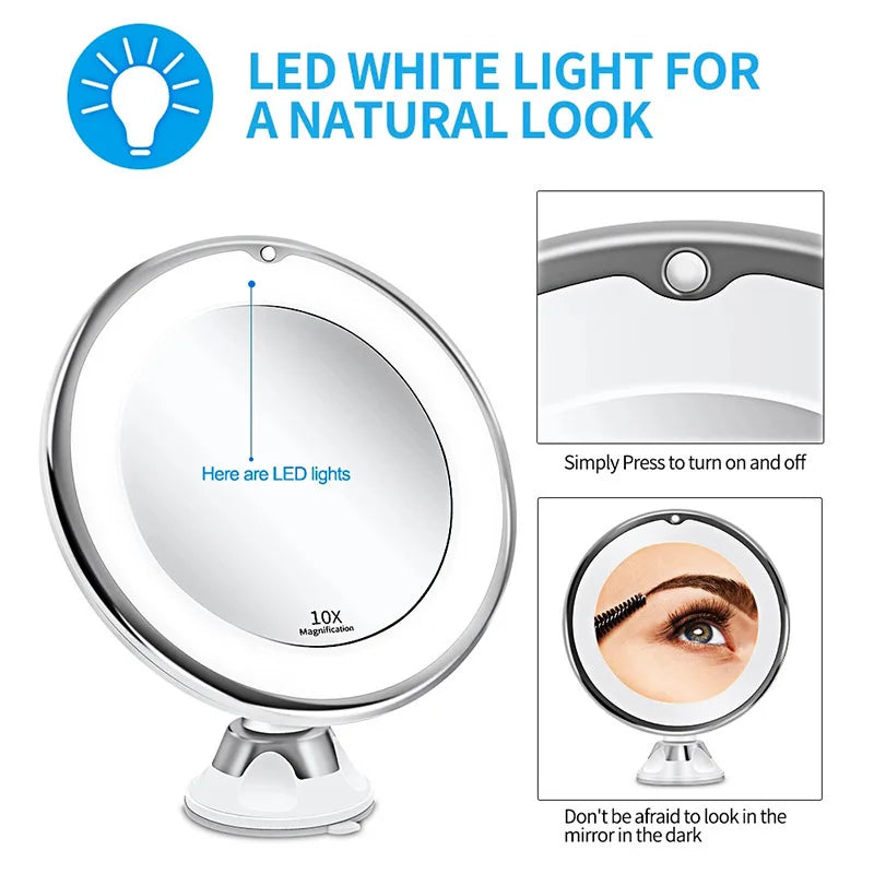 10x Magnifying LED Makeup Mirror | Flexible Suction Mount LED Magnifying Mirror QXL