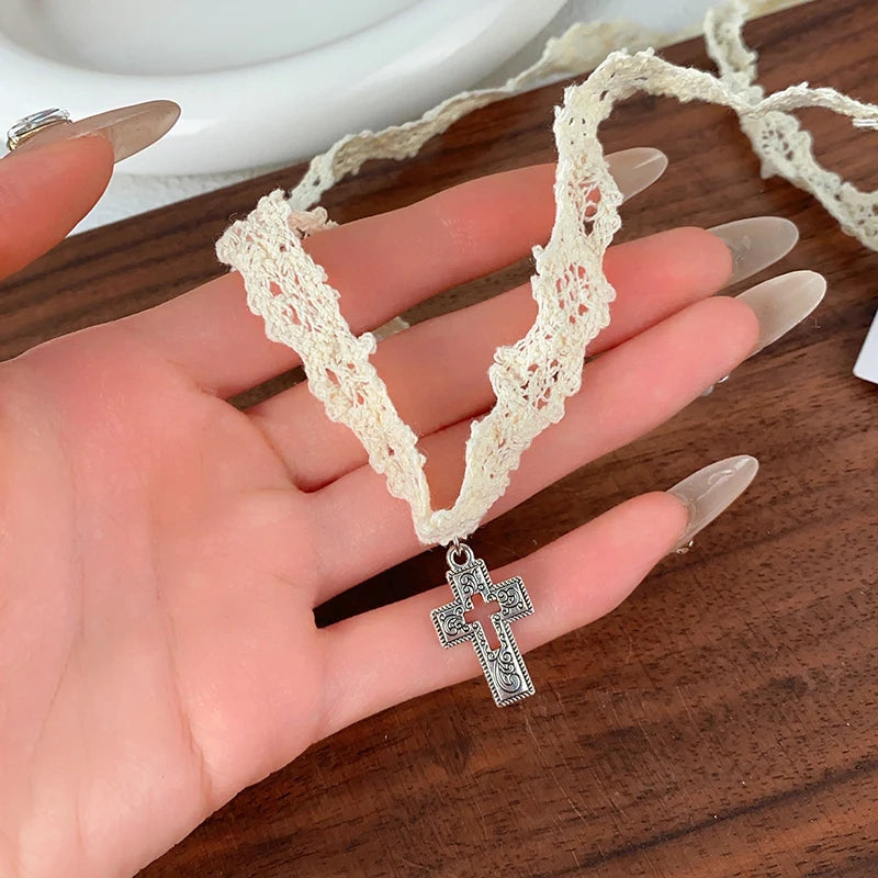 Hollow Cross Pendant Lace Choker Necklace for Women Choker Necklace QXL 1PCS