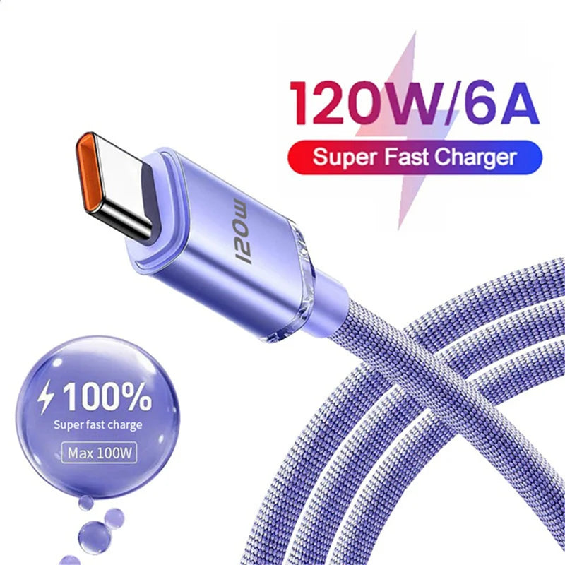 120W USB-C Fast Charging Cable 6A Nylon Braided 1M 2M USB-C Charging Cable QXL