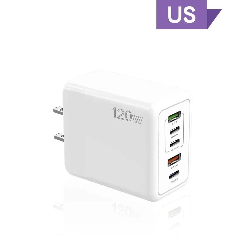 120W Multi-Port USB-C Fast Wall Charger | EU US UK Plug USB-C Wall Charger QXL US Plug White