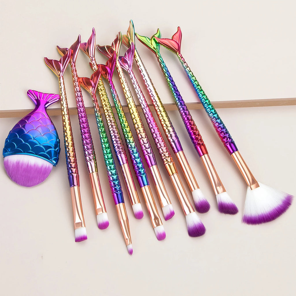 11-Pc Mermaid Makeup Brush Set | Fish Scale Gradient Handles Makeup Brush Set QXL