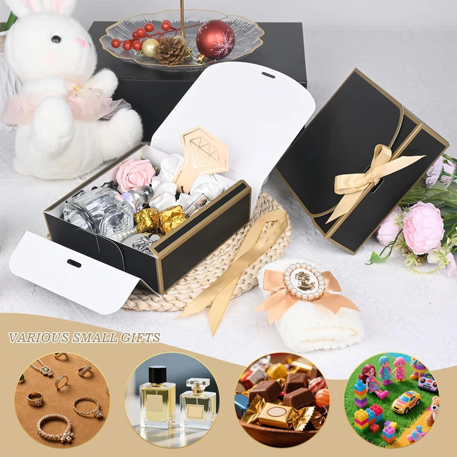 10-Pack Black Gift Boxes with Gold Trim & Ribbon 6.5"x6.5"x2" Gift Boxes QXL