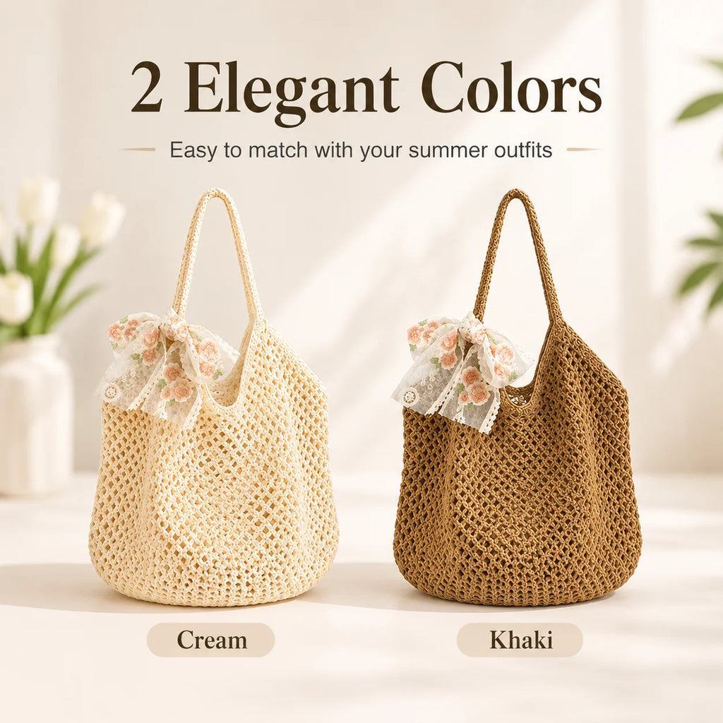 Women's Crochet Tote Bag | Lace Bow Woven Beach Shoulder Bag Crochet Shoulder Tote QXL