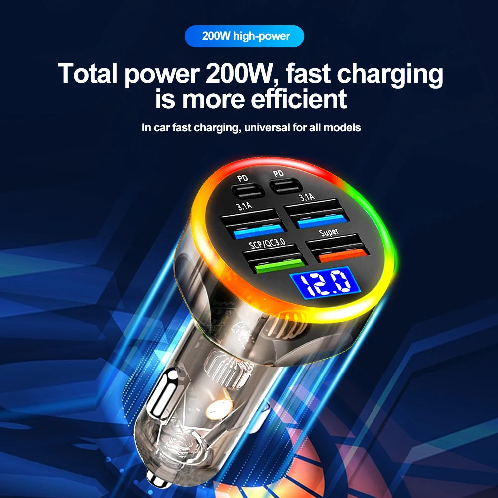 250W 6-Port Fast Car Charger PD USB-C + USB-A | QXL Car Charger Adapter QXL