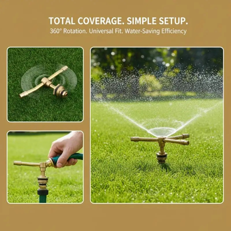 2-Arm 360° Rotating Brass Garden Sprinkler | 7–11m Coverage Garden Sprinkler Nozzle QXL