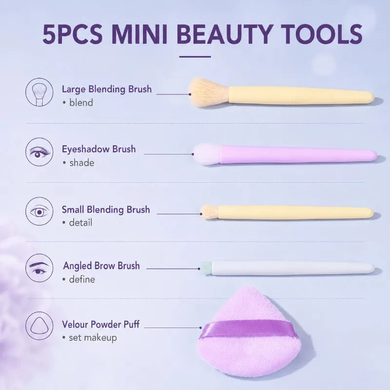 5-Pc Macaron Mini Eye Brush Set with Velour Powder Puff Mini Makeup Brush Set QXL