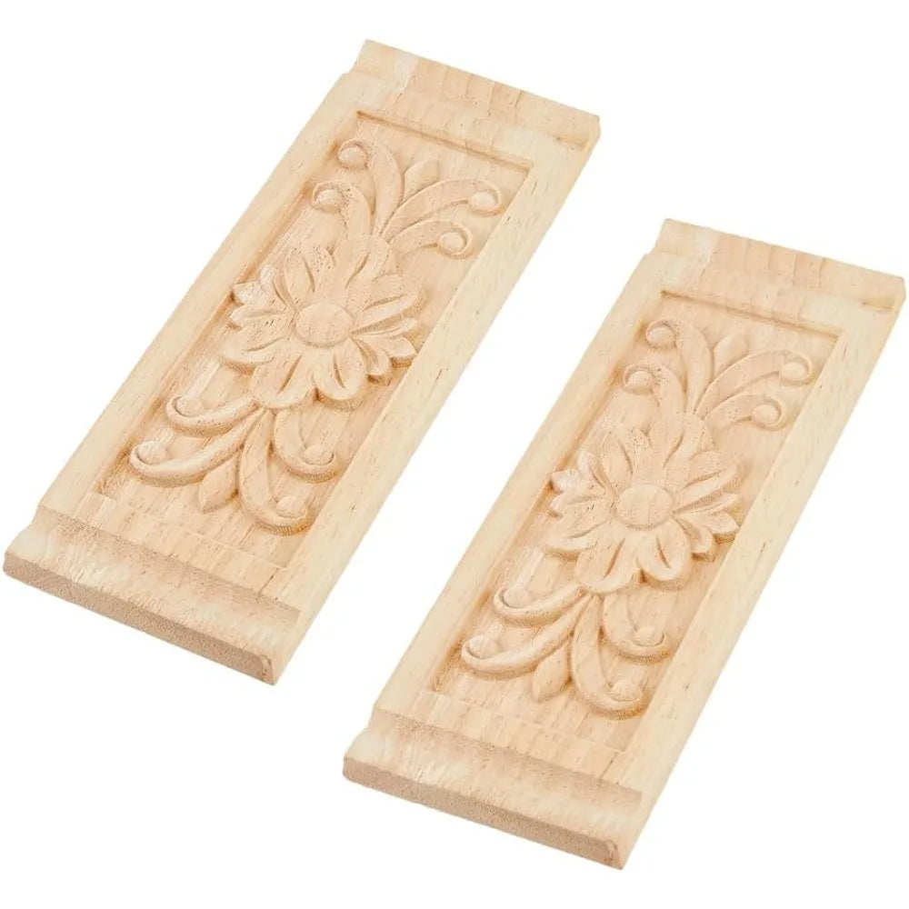 2-Pack Rectangle Wood Carved Applique | Floral Furniture Onlay Wood Carved Applique QXL