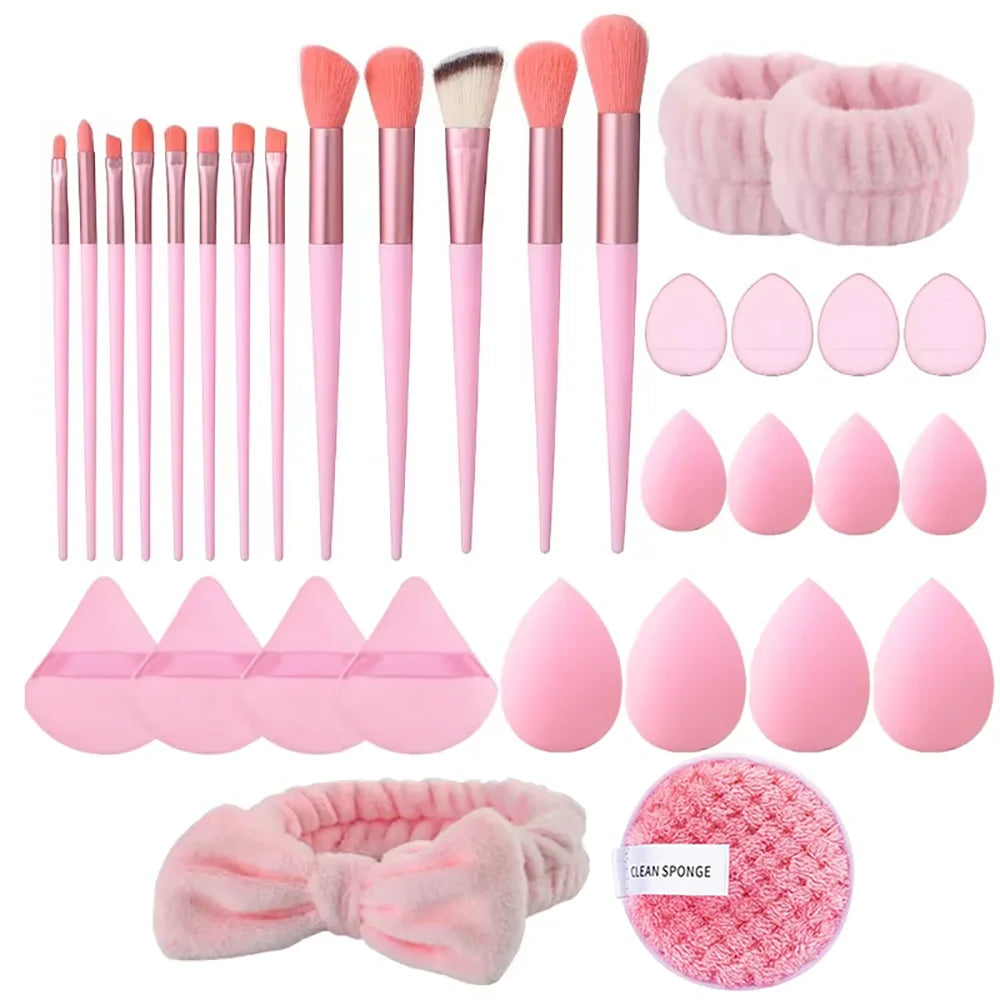 Complete Makeup Brush & Puff Set | Multi-Tool Beauty Kit Makeup Brush Set QXL Pink-33pcs