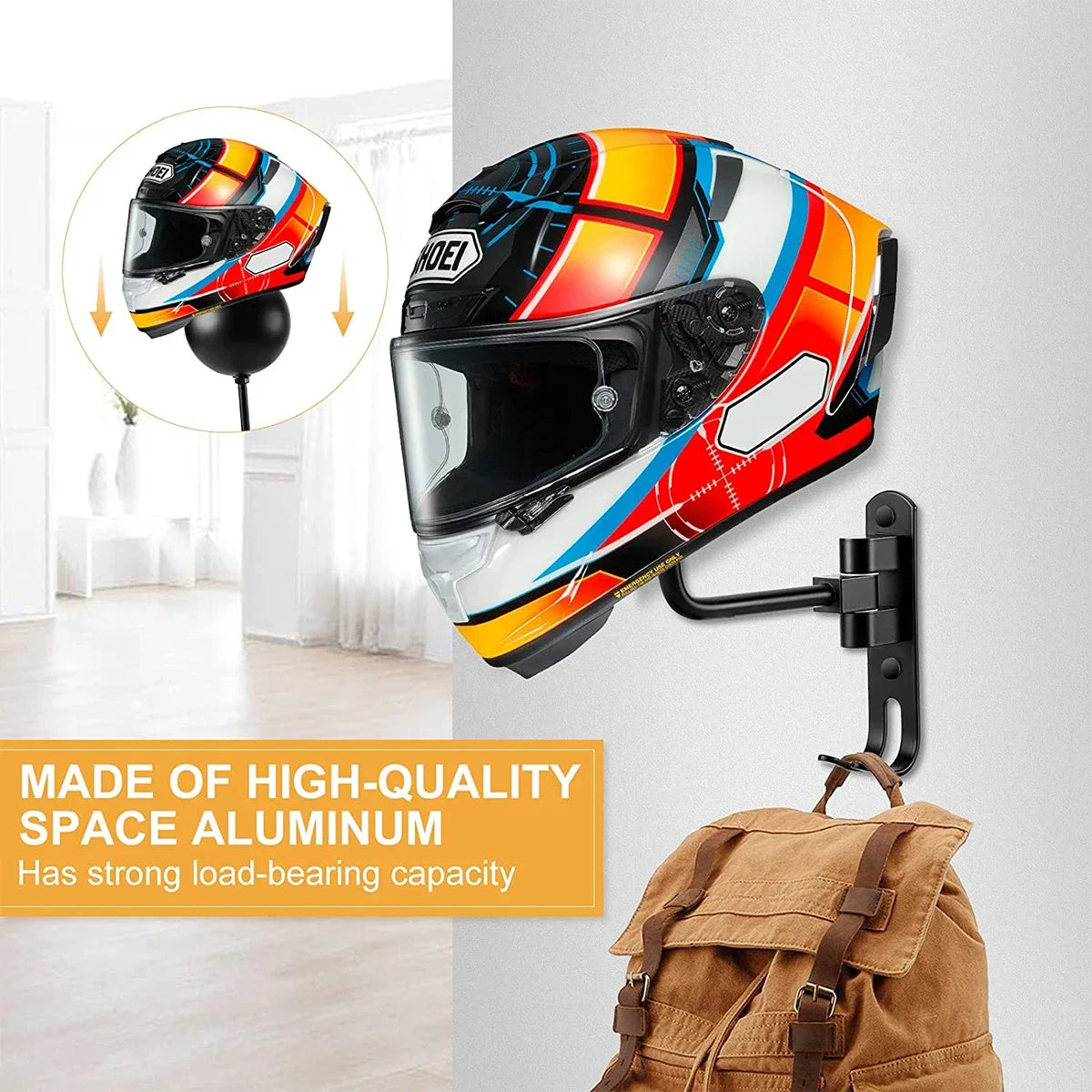 180° Rotating Wall Mount Helmet Rack with Hooks | Garage Organizer Wall Helmet Rack QXL